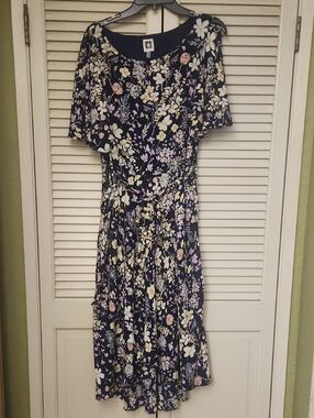 Anne Klein Navy Floral Midi Dress with Pastel Blooms Size 14
